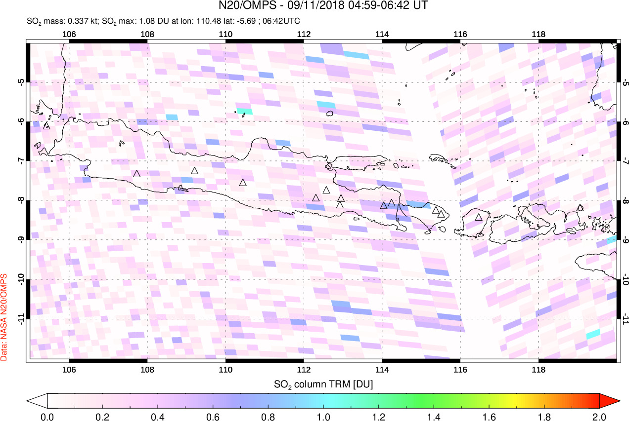 A sulfur dioxide image over Java, Indonesia on Sep 11, 2018.