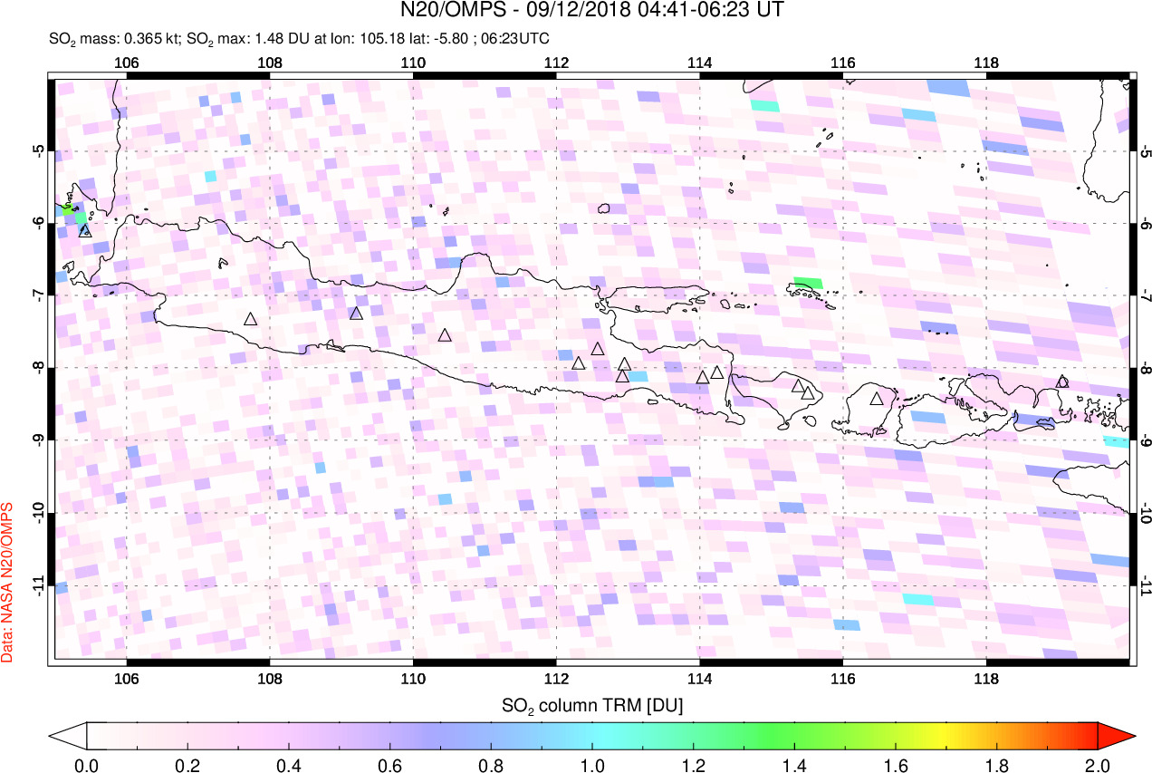 A sulfur dioxide image over Java, Indonesia on Sep 12, 2018.