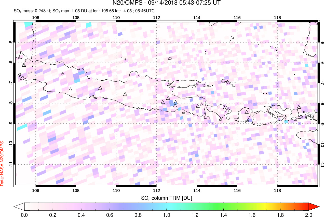 A sulfur dioxide image over Java, Indonesia on Sep 14, 2018.