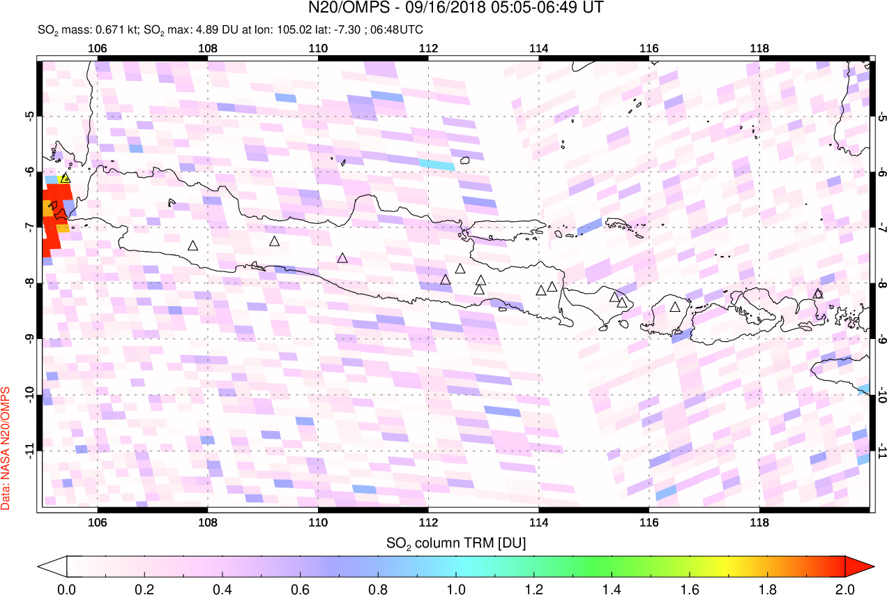 A sulfur dioxide image over Java, Indonesia on Sep 16, 2018.