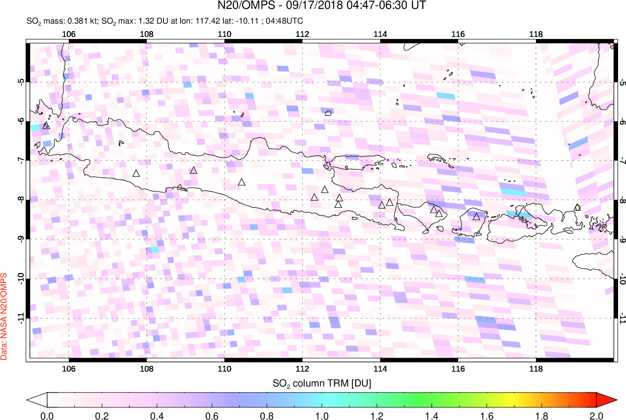 A sulfur dioxide image over Java, Indonesia on Sep 17, 2018.