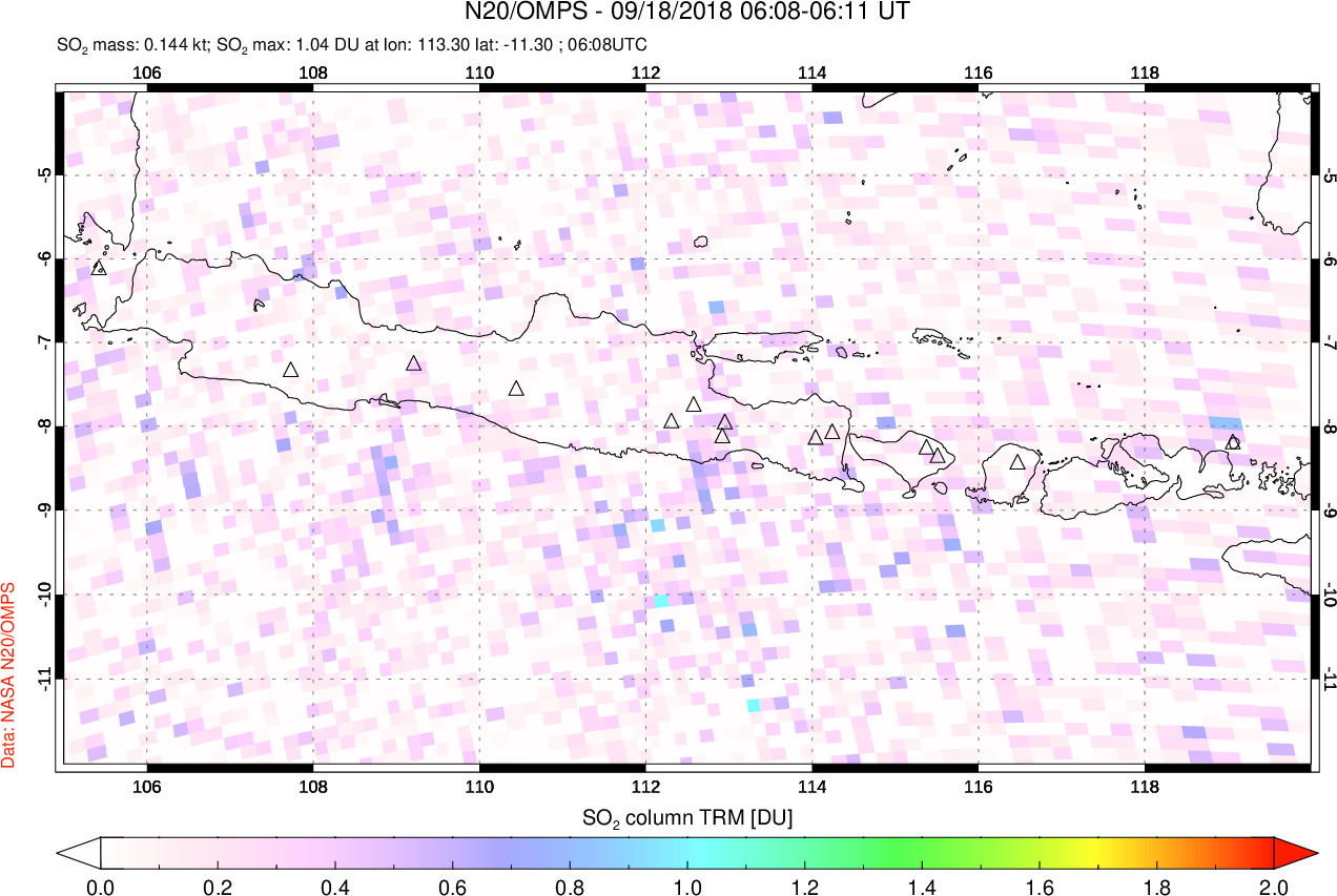A sulfur dioxide image over Java, Indonesia on Sep 18, 2018.