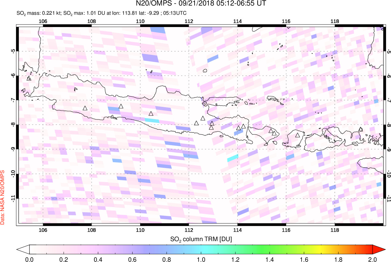 A sulfur dioxide image over Java, Indonesia on Sep 21, 2018.
