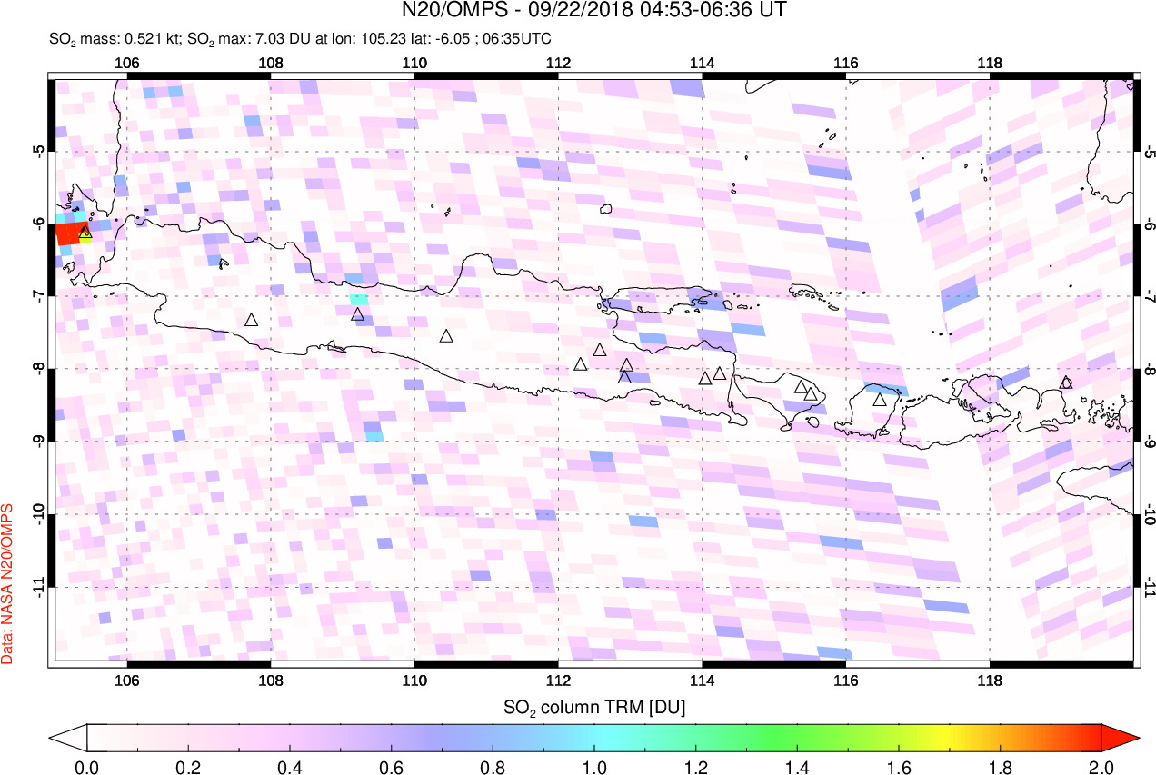 A sulfur dioxide image over Java, Indonesia on Sep 22, 2018.