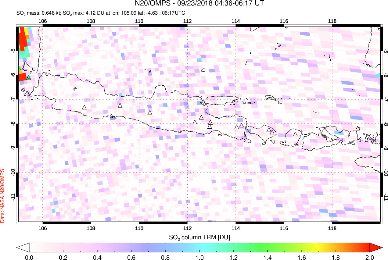 A sulfur dioxide image over Java, Indonesia on Sep 23, 2018.