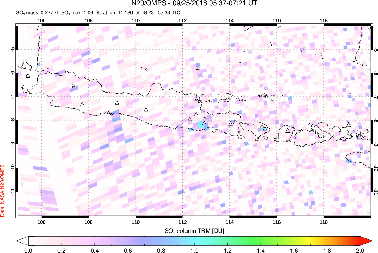 A sulfur dioxide image over Java, Indonesia on Sep 25, 2018.