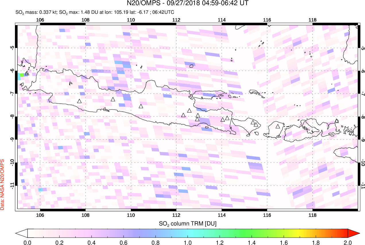 A sulfur dioxide image over Java, Indonesia on Sep 27, 2018.