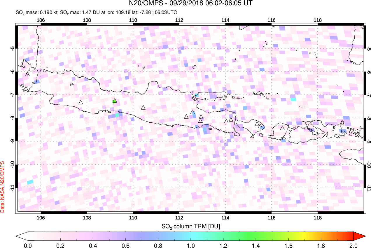 A sulfur dioxide image over Java, Indonesia on Sep 29, 2018.