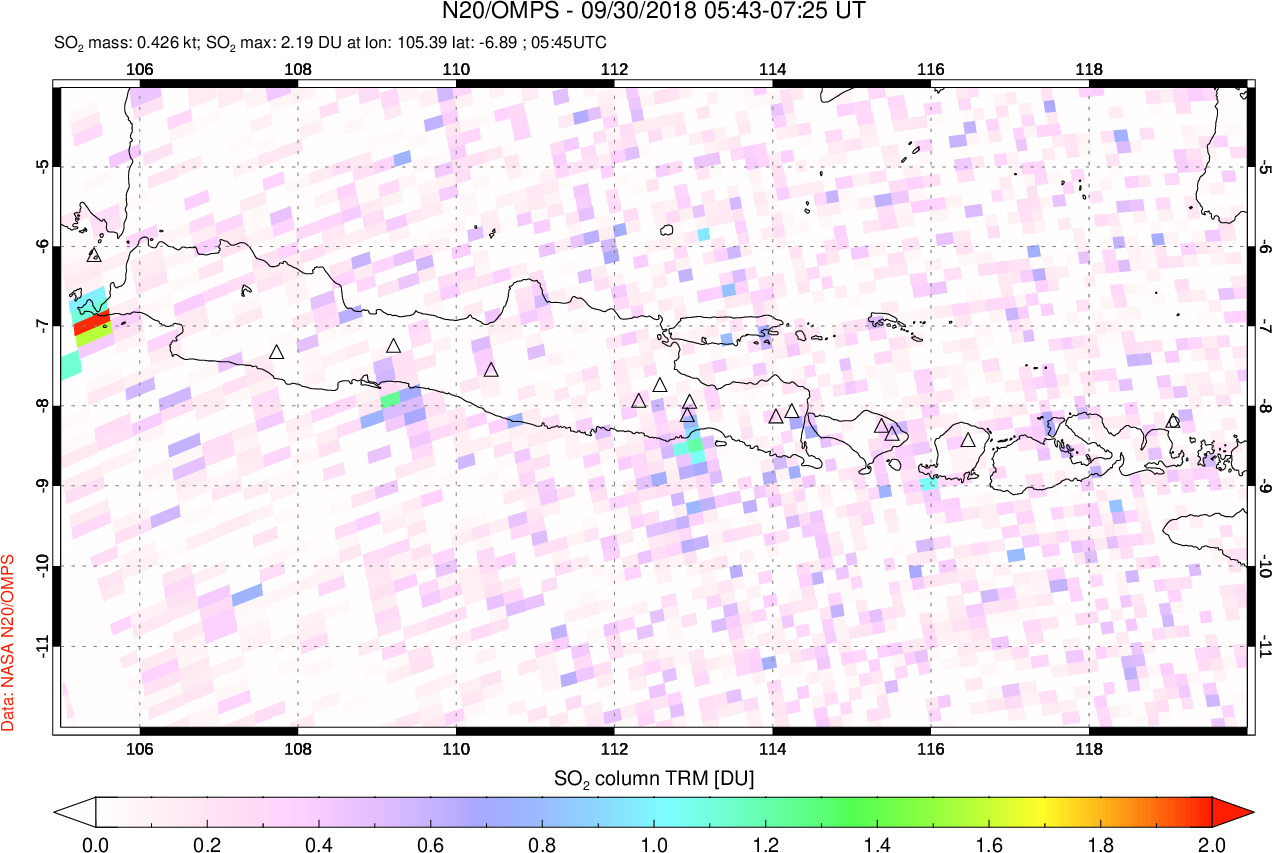 A sulfur dioxide image over Java, Indonesia on Sep 30, 2018.