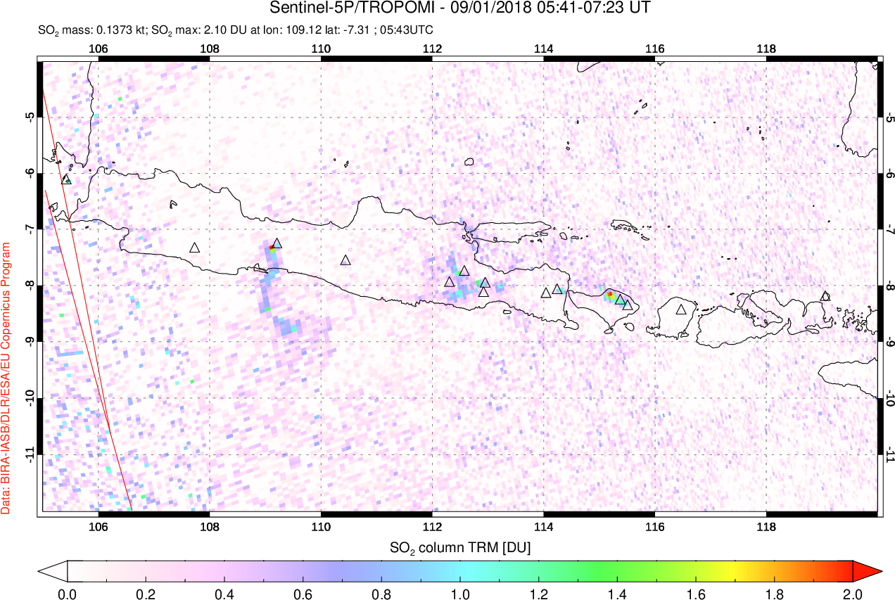 A sulfur dioxide image over Java, Indonesia on Sep 01, 2018.
