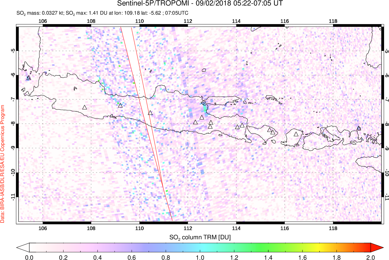 A sulfur dioxide image over Java, Indonesia on Sep 02, 2018.