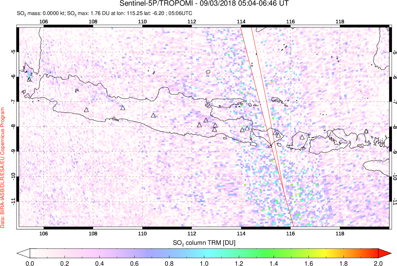 A sulfur dioxide image over Java, Indonesia on Sep 03, 2018.