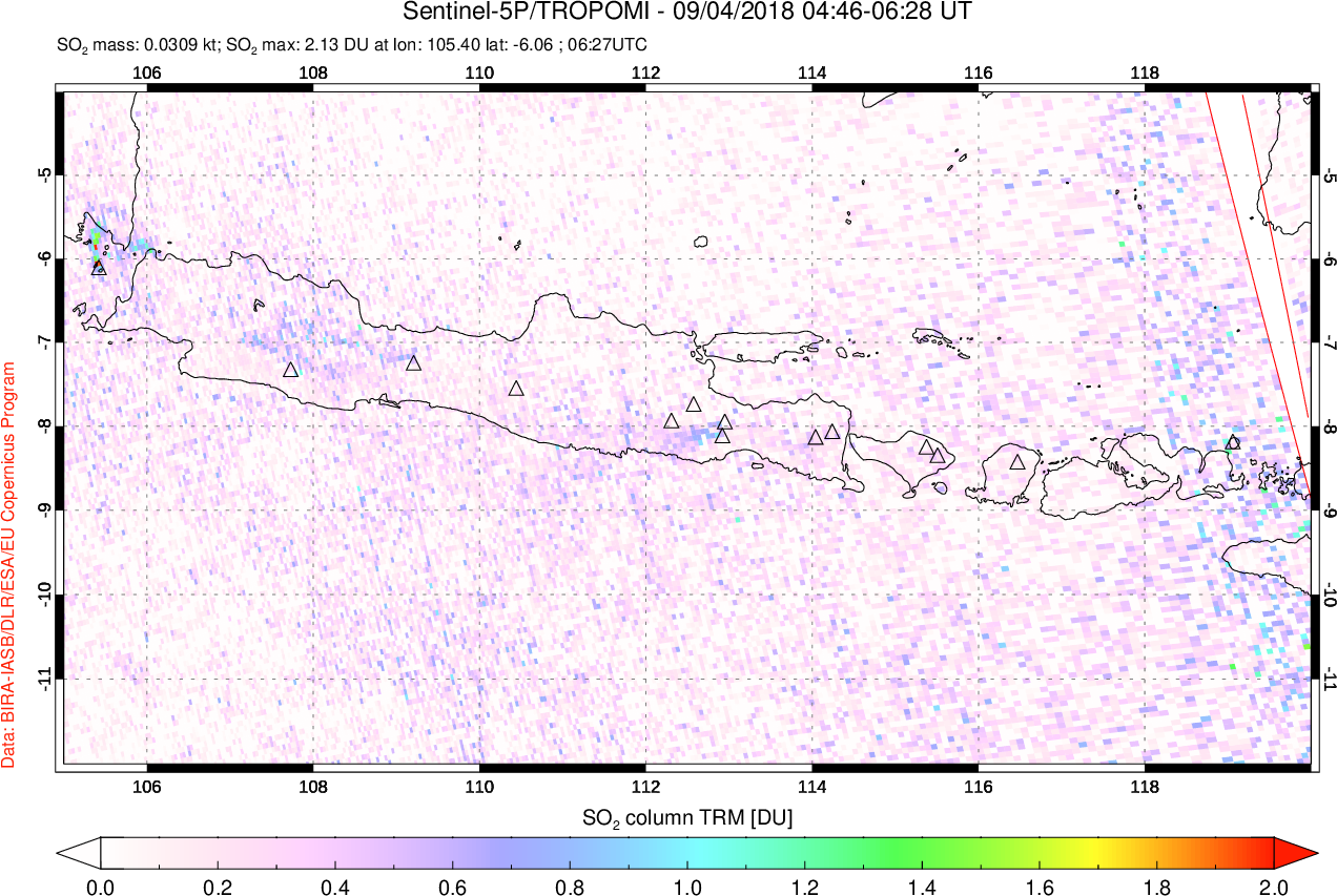 A sulfur dioxide image over Java, Indonesia on Sep 04, 2018.
