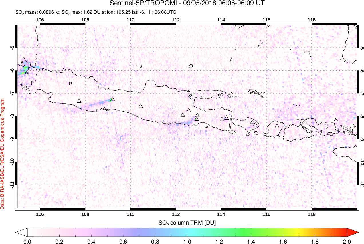 A sulfur dioxide image over Java, Indonesia on Sep 05, 2018.