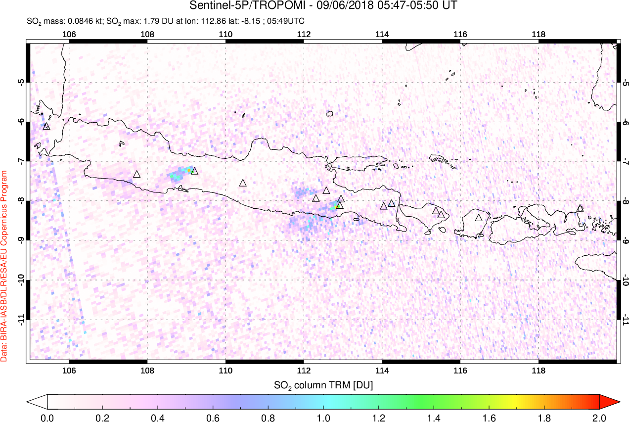 A sulfur dioxide image over Java, Indonesia on Sep 06, 2018.