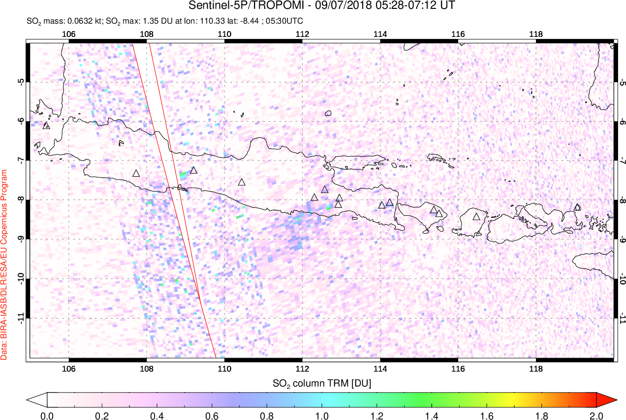 A sulfur dioxide image over Java, Indonesia on Sep 07, 2018.