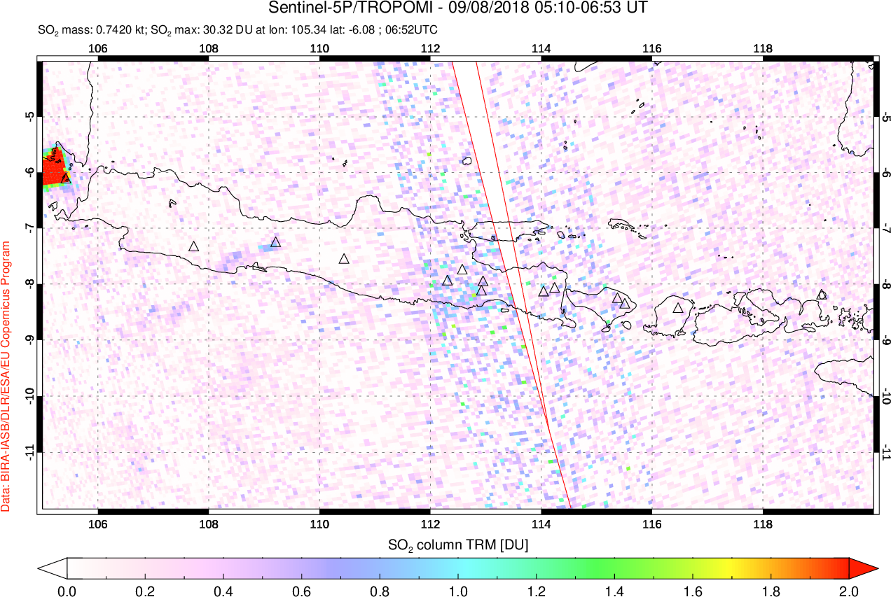 A sulfur dioxide image over Java, Indonesia on Sep 08, 2018.