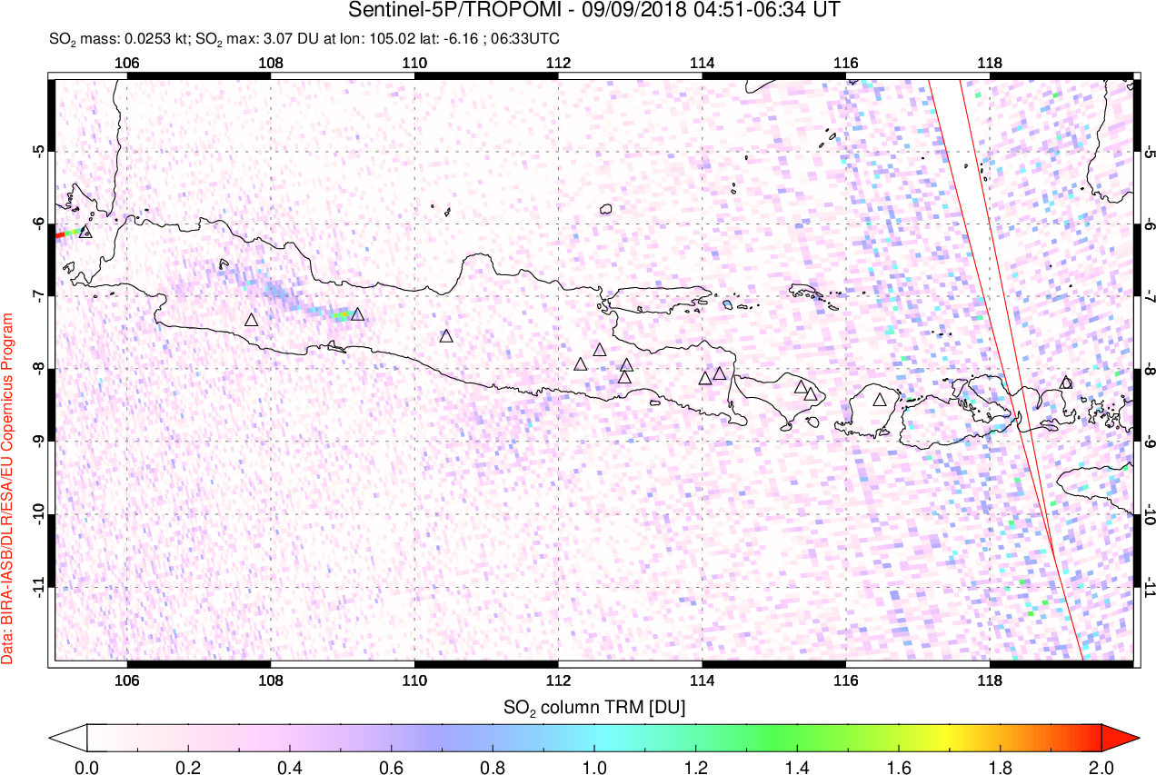 A sulfur dioxide image over Java, Indonesia on Sep 09, 2018.