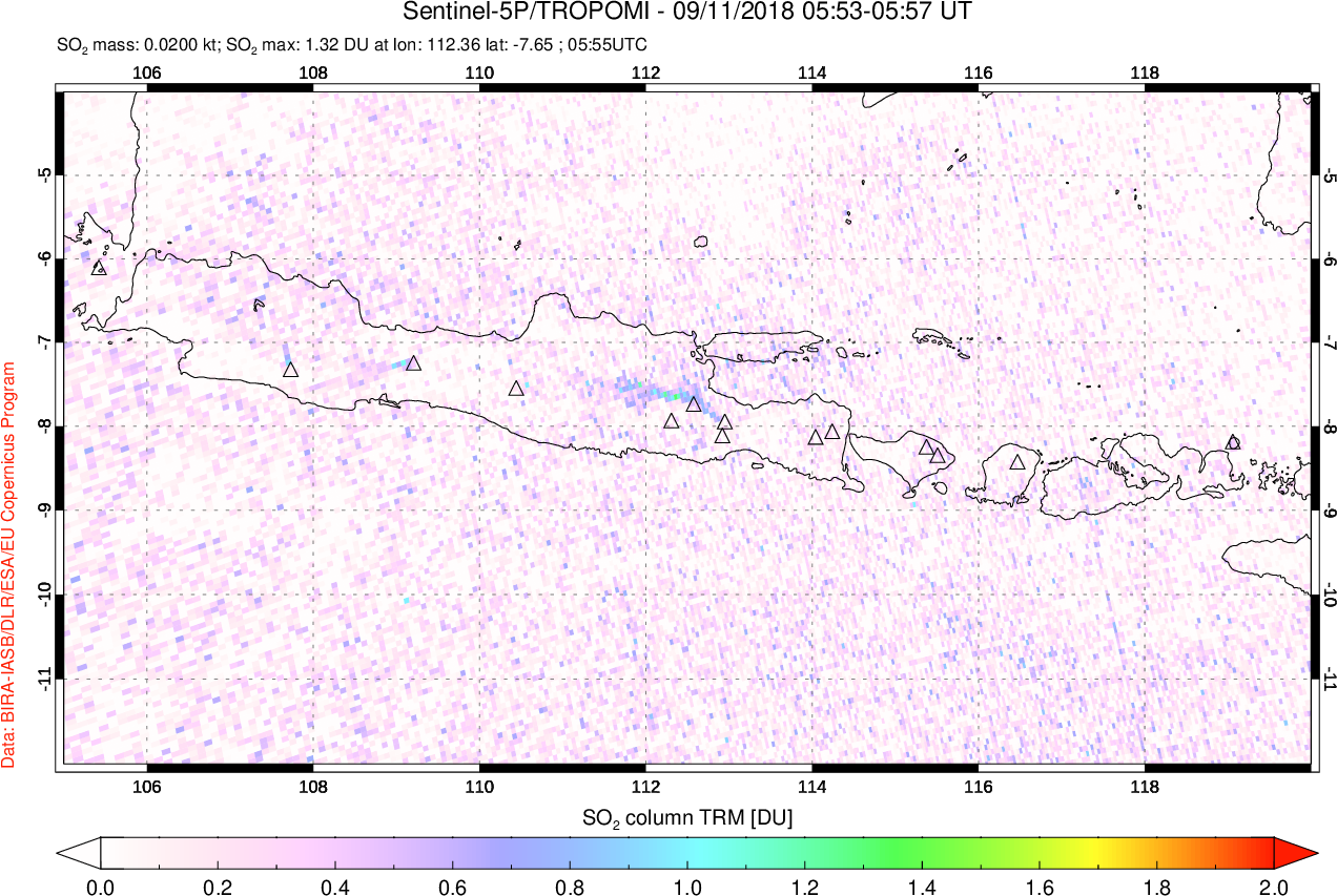 A sulfur dioxide image over Java, Indonesia on Sep 11, 2018.