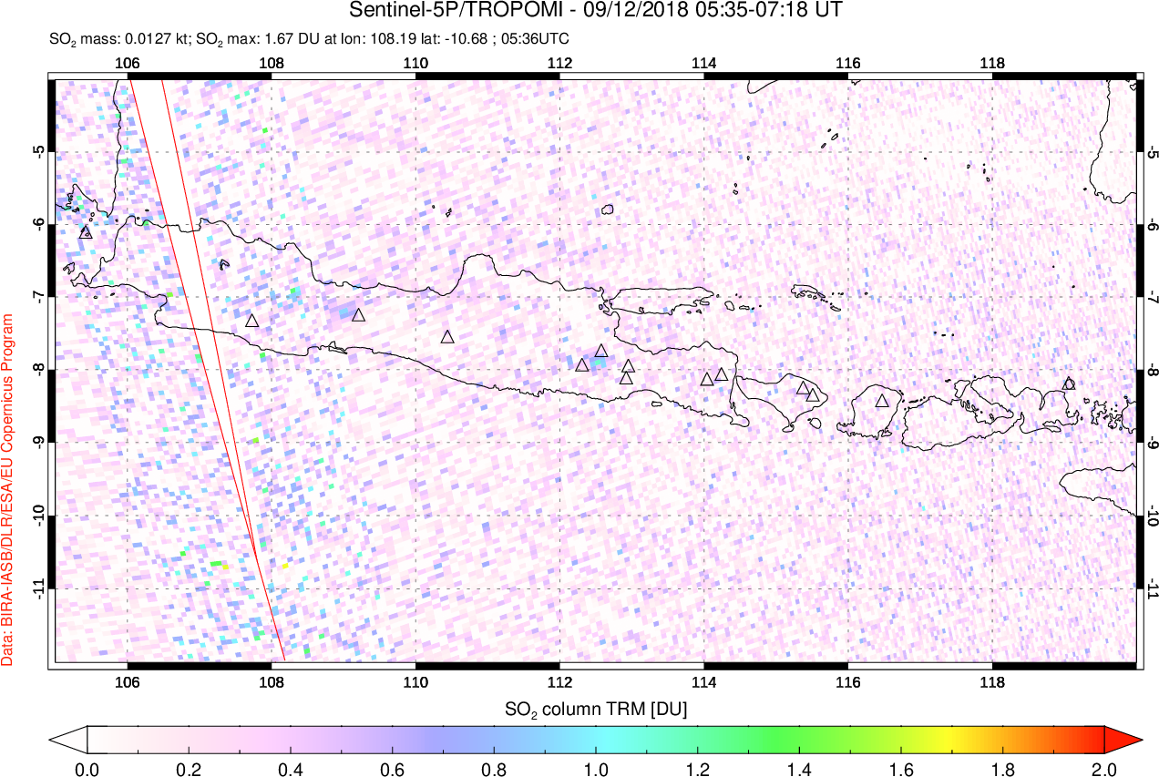 A sulfur dioxide image over Java, Indonesia on Sep 12, 2018.