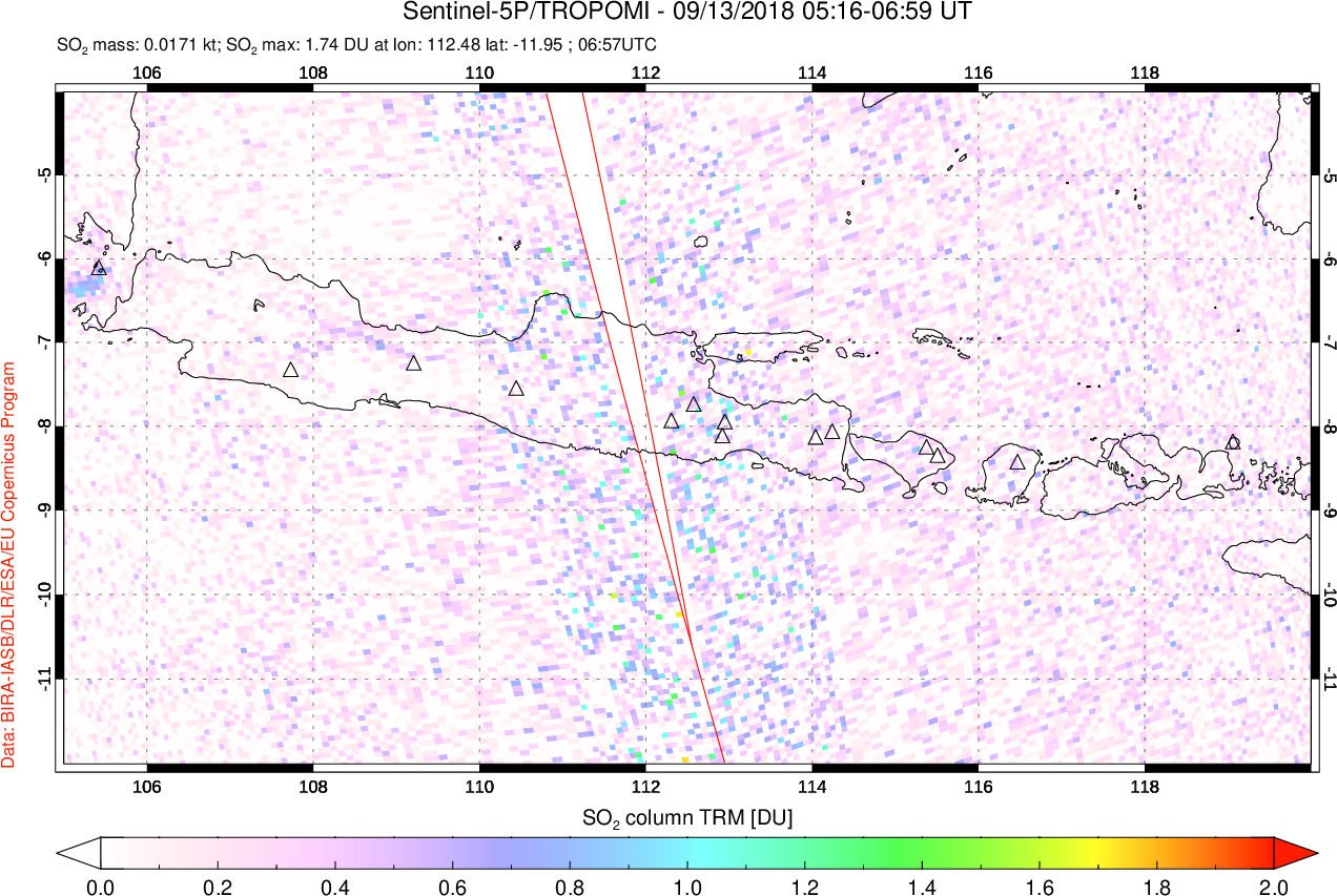 A sulfur dioxide image over Java, Indonesia on Sep 13, 2018.