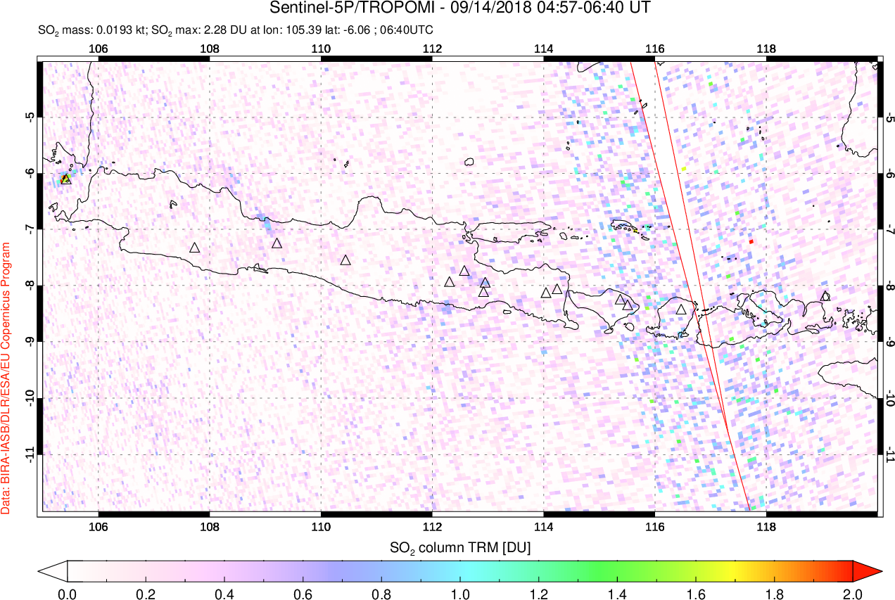 A sulfur dioxide image over Java, Indonesia on Sep 14, 2018.