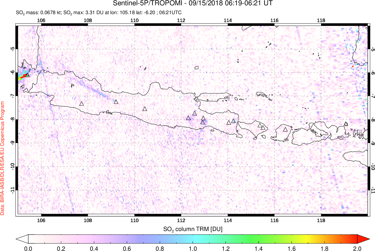 A sulfur dioxide image over Java, Indonesia on Sep 15, 2018.