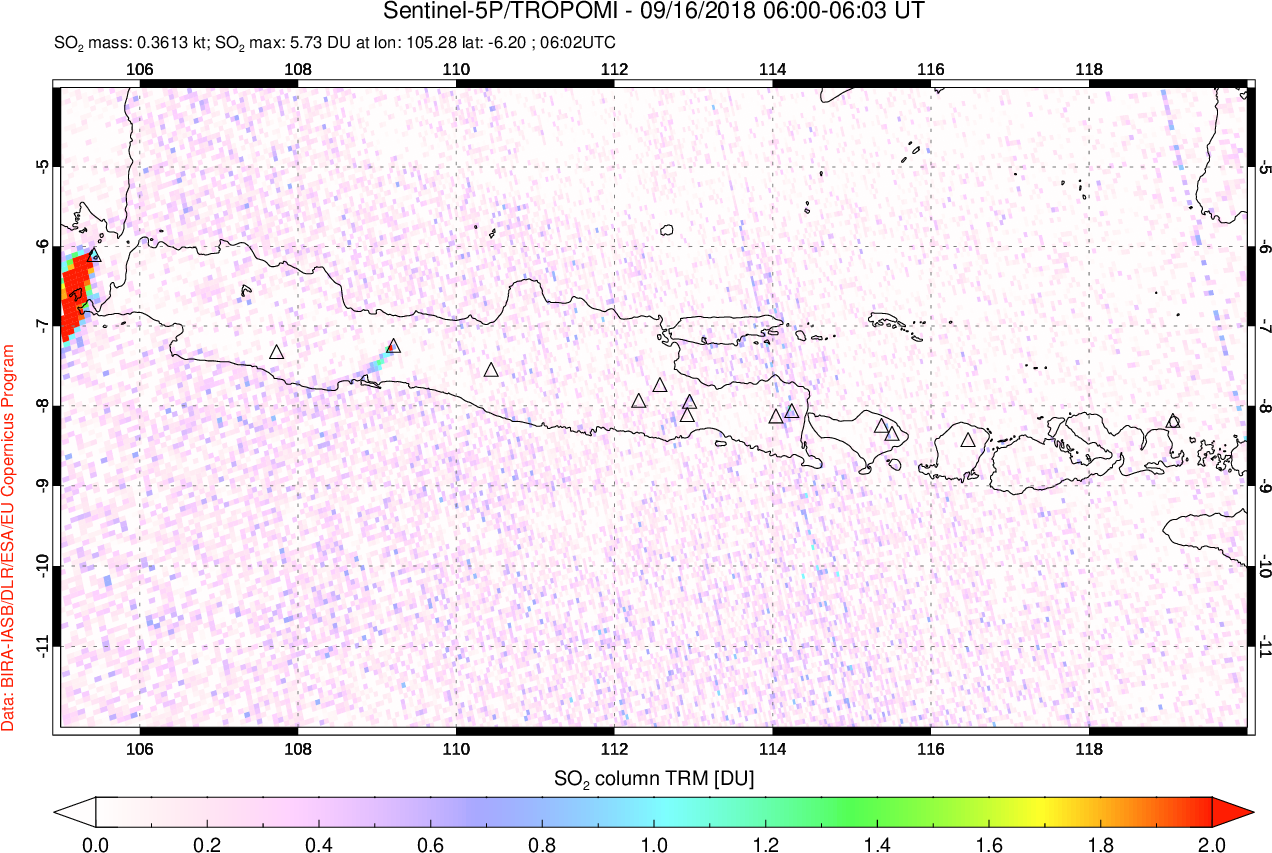 A sulfur dioxide image over Java, Indonesia on Sep 16, 2018.