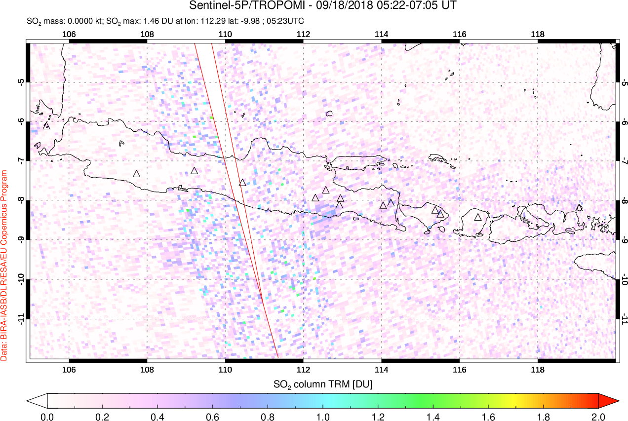 A sulfur dioxide image over Java, Indonesia on Sep 18, 2018.