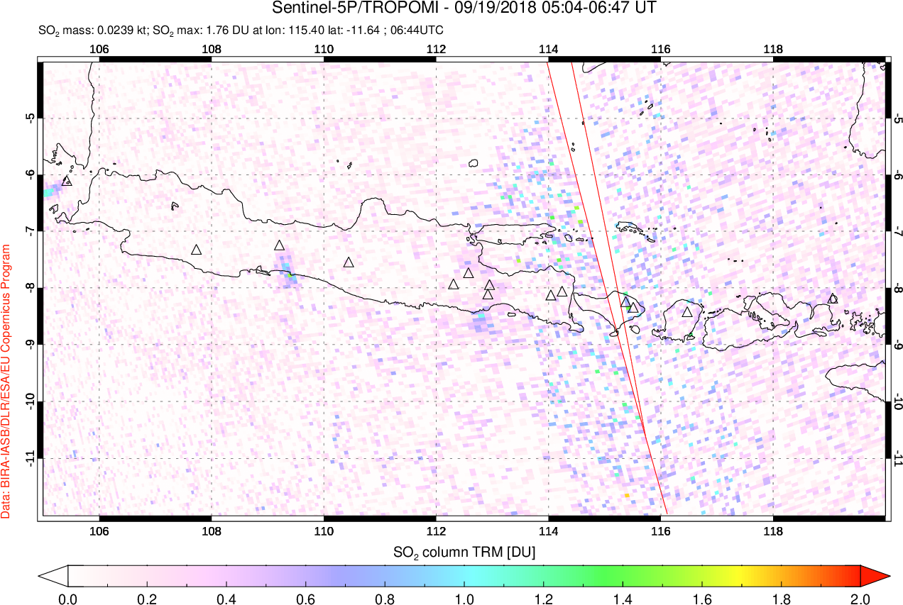 A sulfur dioxide image over Java, Indonesia on Sep 19, 2018.