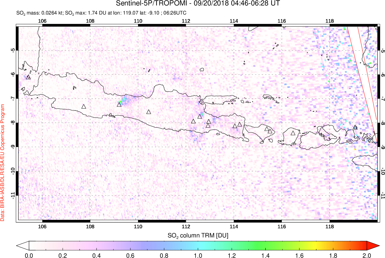A sulfur dioxide image over Java, Indonesia on Sep 20, 2018.