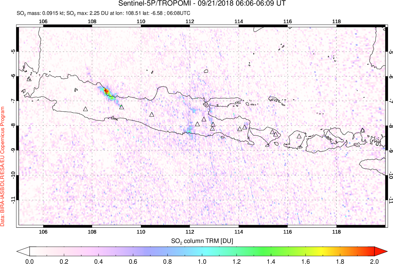 A sulfur dioxide image over Java, Indonesia on Sep 21, 2018.