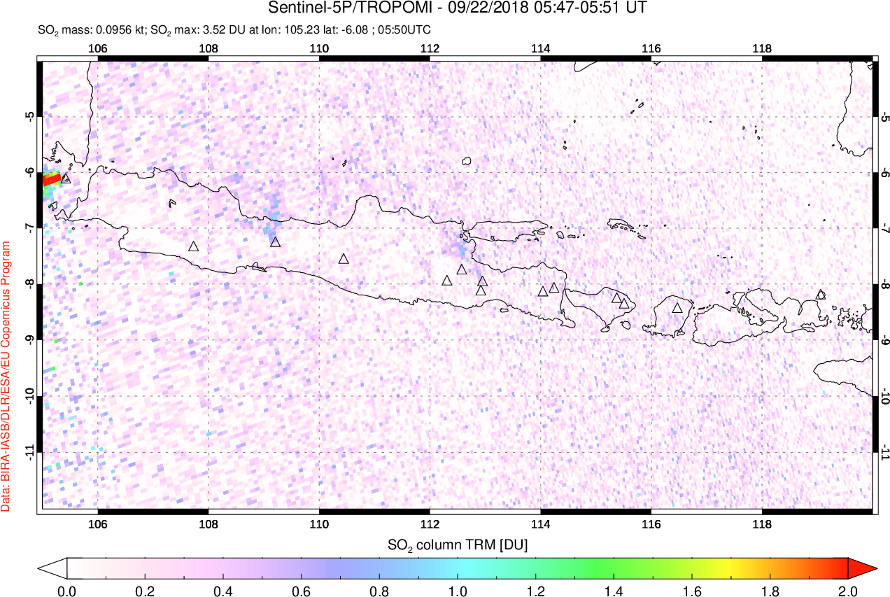 A sulfur dioxide image over Java, Indonesia on Sep 22, 2018.