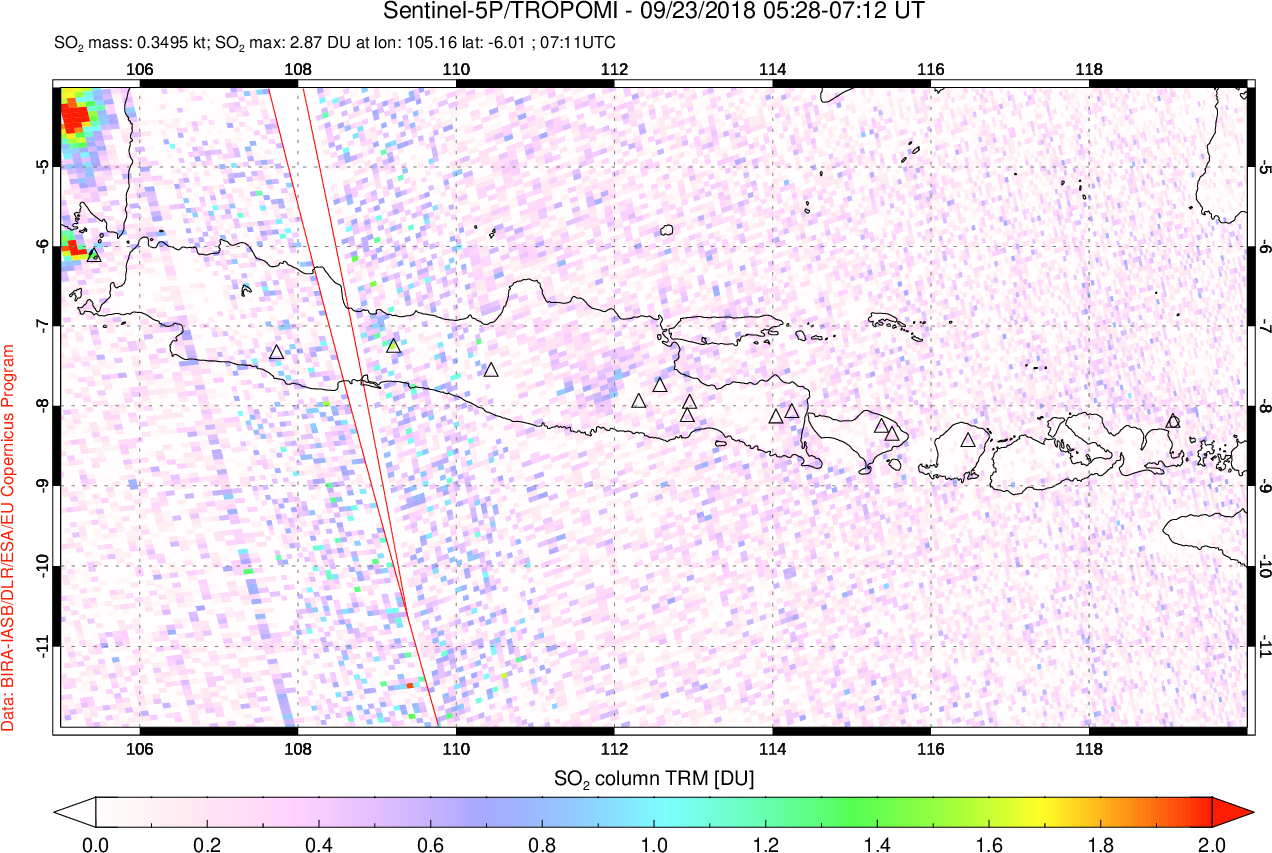 A sulfur dioxide image over Java, Indonesia on Sep 23, 2018.