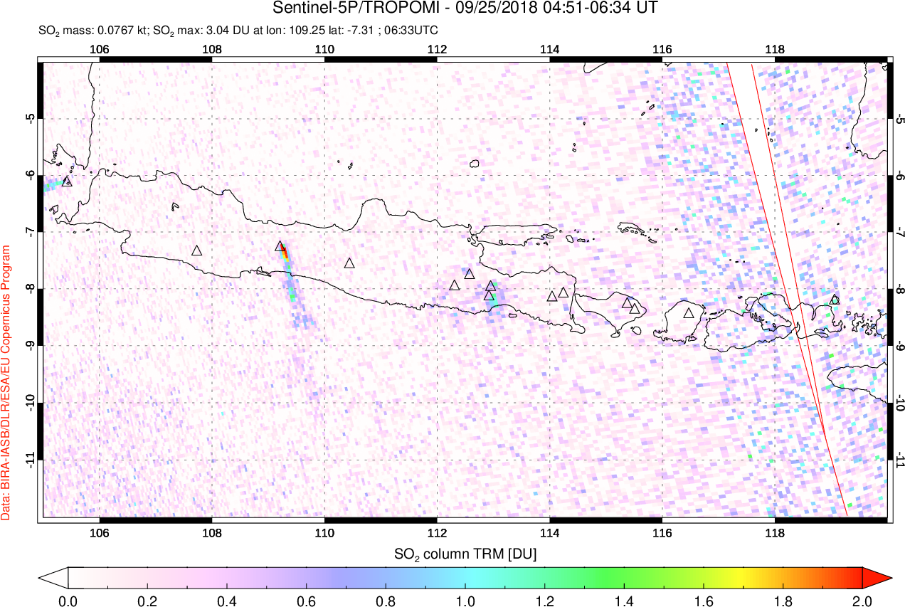 A sulfur dioxide image over Java, Indonesia on Sep 25, 2018.