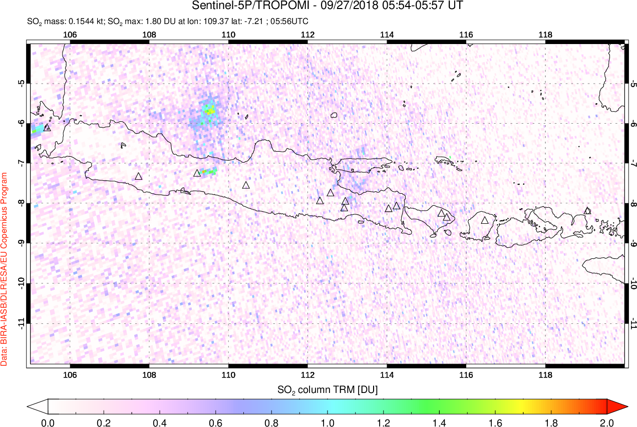 A sulfur dioxide image over Java, Indonesia on Sep 27, 2018.