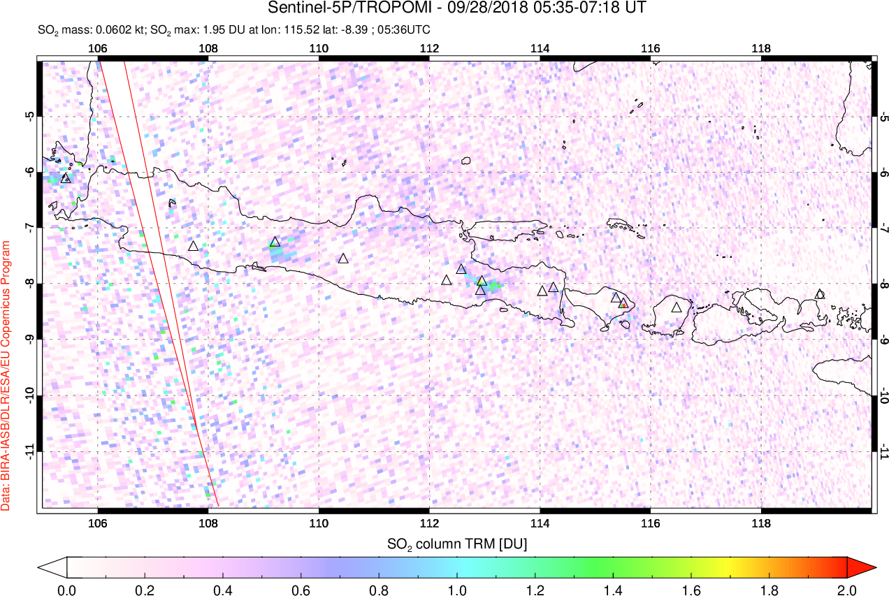 A sulfur dioxide image over Java, Indonesia on Sep 28, 2018.