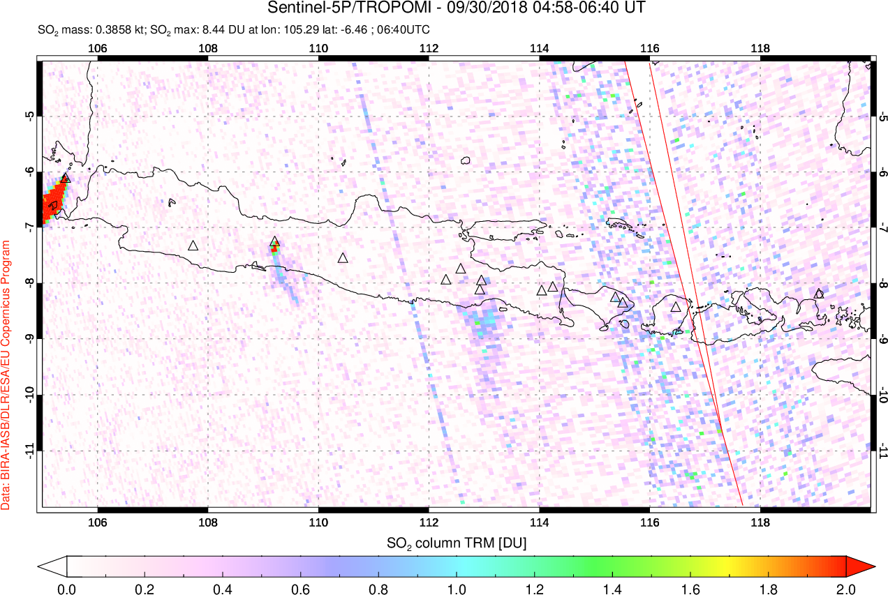 A sulfur dioxide image over Java, Indonesia on Sep 30, 2018.