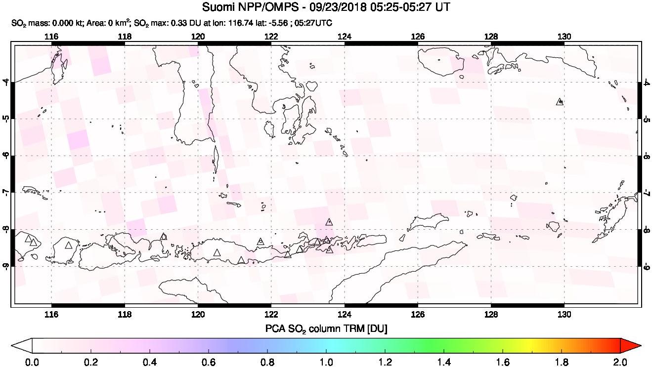 A sulfur dioxide image over Lesser Sunda Islands, Indonesia on Sep 23, 2018.