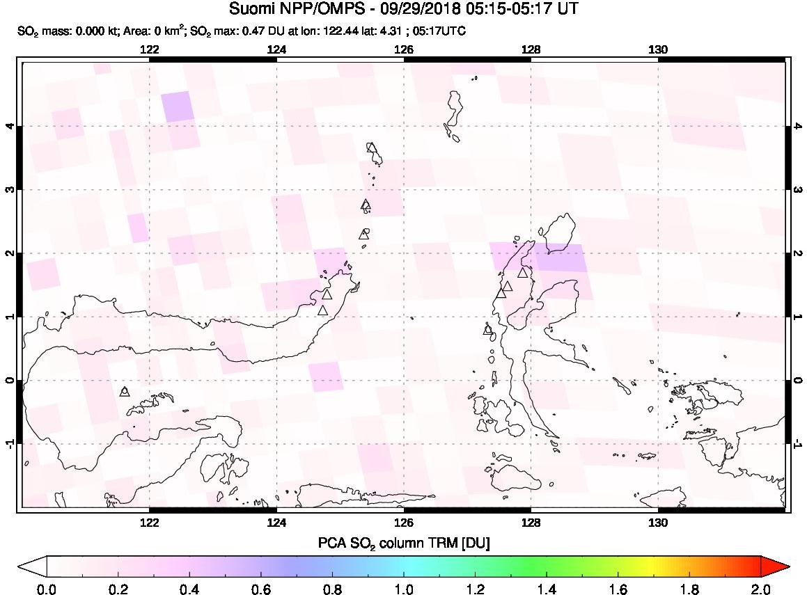 A sulfur dioxide image over Northern Sulawesi & Halmahera, Indonesia on Sep 29, 2018.