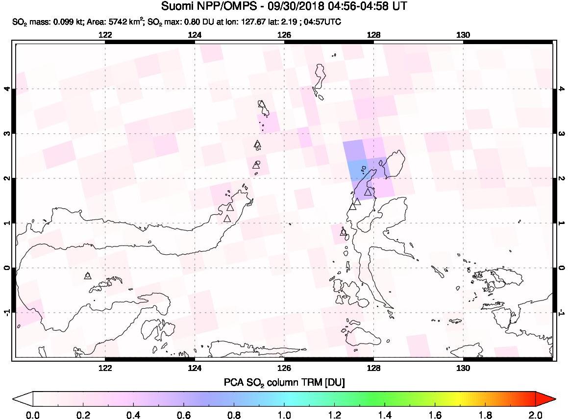 A sulfur dioxide image over Northern Sulawesi & Halmahera, Indonesia on Sep 30, 2018.