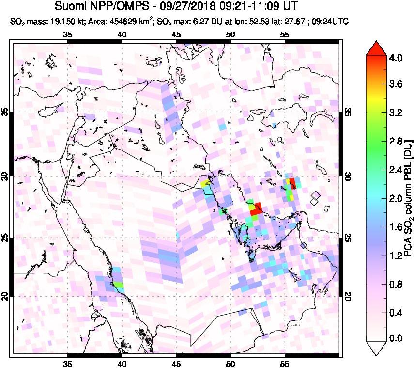 A sulfur dioxide image over Middle East on Sep 27, 2018.