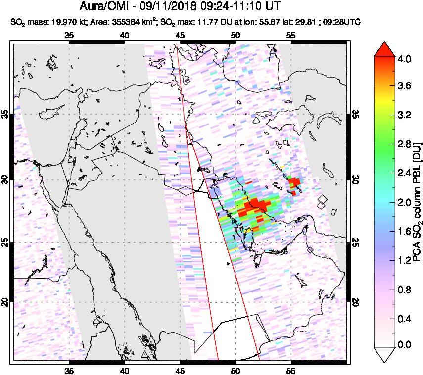 A sulfur dioxide image over Middle East on Sep 11, 2018.