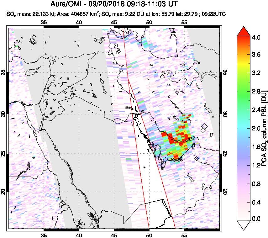 A sulfur dioxide image over Middle East on Sep 20, 2018.