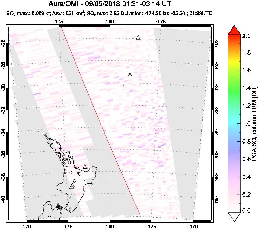 A sulfur dioxide image over New Zealand on Sep 05, 2018.