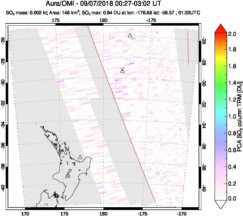 A sulfur dioxide image over New Zealand on Sep 07, 2018.