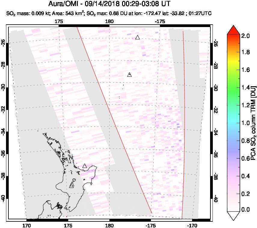 A sulfur dioxide image over New Zealand on Sep 14, 2018.