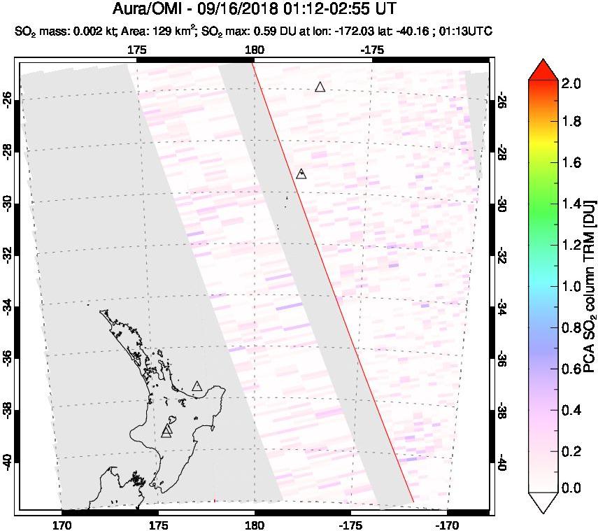 A sulfur dioxide image over New Zealand on Sep 16, 2018.