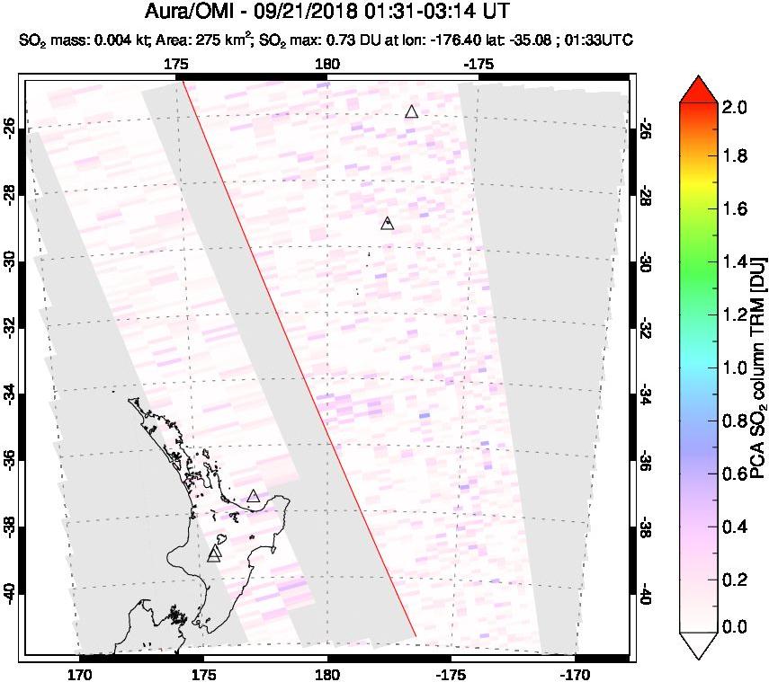 A sulfur dioxide image over New Zealand on Sep 21, 2018.