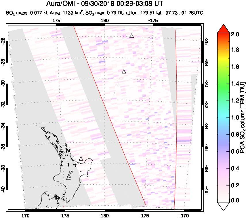 A sulfur dioxide image over New Zealand on Sep 30, 2018.